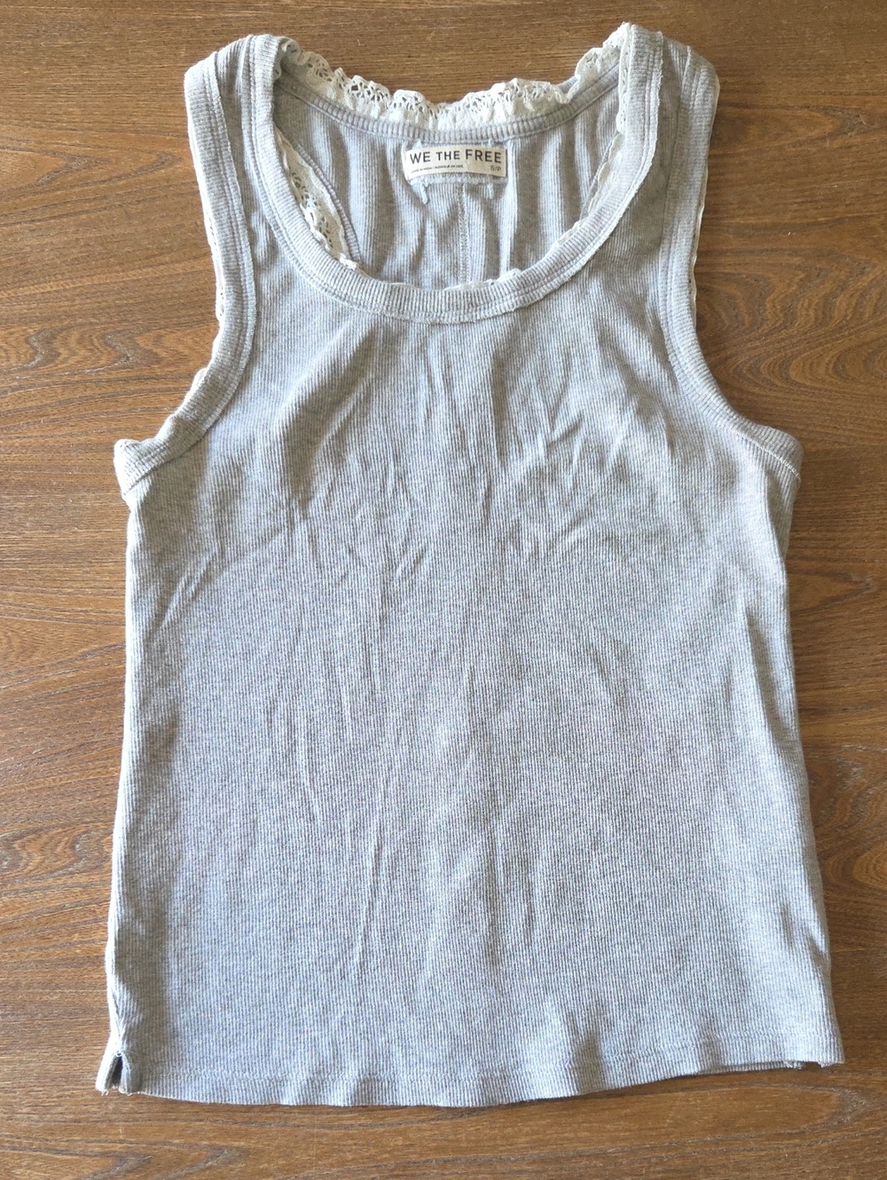 We The Free Light Gray Ribbed Lace-Trim Tank